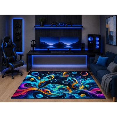 Tapis ultra-léger 152 x 213 cm (5' x 7') en forme de manette de jeu néon, motif abstrait galaxie spatiale, idéal pour chambre, salle de jeux, bureau ou tout autre espace de loisirs. Dos en silicone antidérapant. Poils courts.