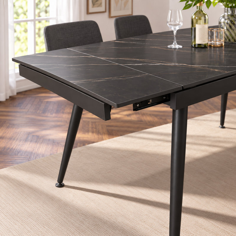 Table de salle à manger extensible moderne en pierre frittée de 47,24" à 70,87" avec pieds en acier au carbone, Black
