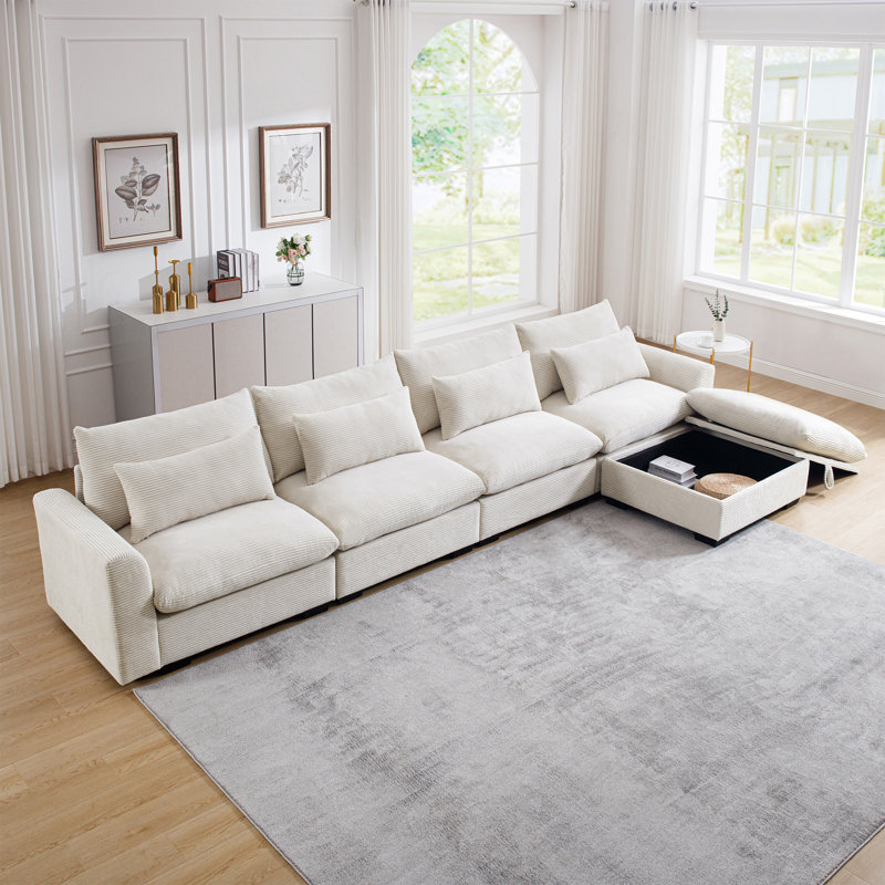 Grand canapé modulaire en velours côtelé en forme de L, canapé profond avec repose-pieds de rangement et 4 coussins de taille