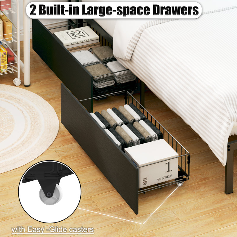 Corner Full Daybed with Storage Drawers, Bookcase, LED & Charging Station, Kids Bed Unit, Black, Full/Double, Black