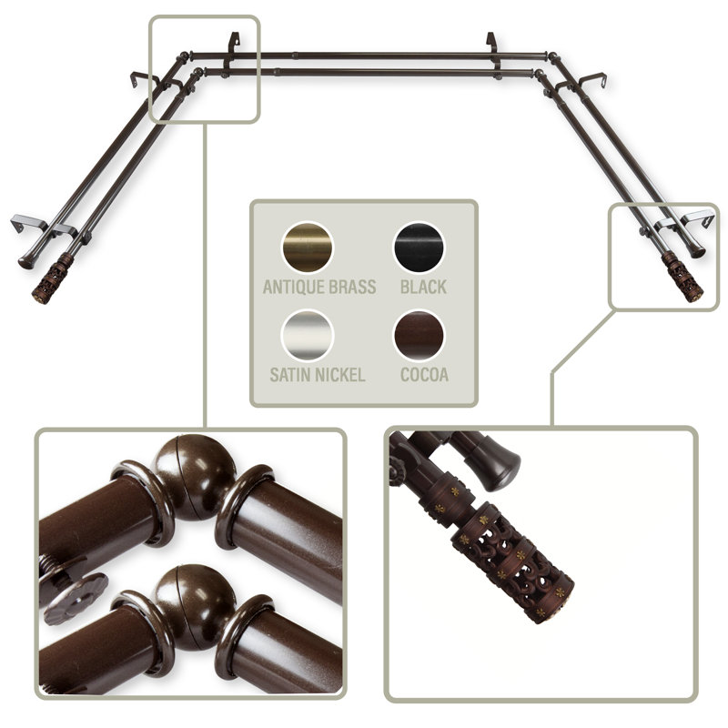 Cocoa Bronze Adjustable Double Curtain Rod Set with Finials