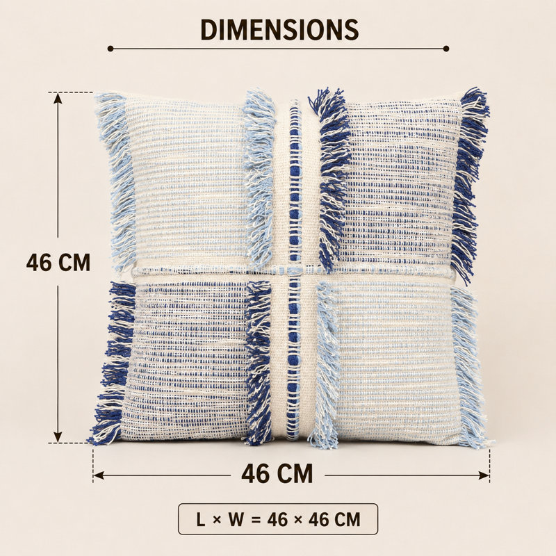 Coussin décoratif en coton à franges bleues avec garniture en polyester, tissu texturé tissé, 45,7 cm x 45,7 cm