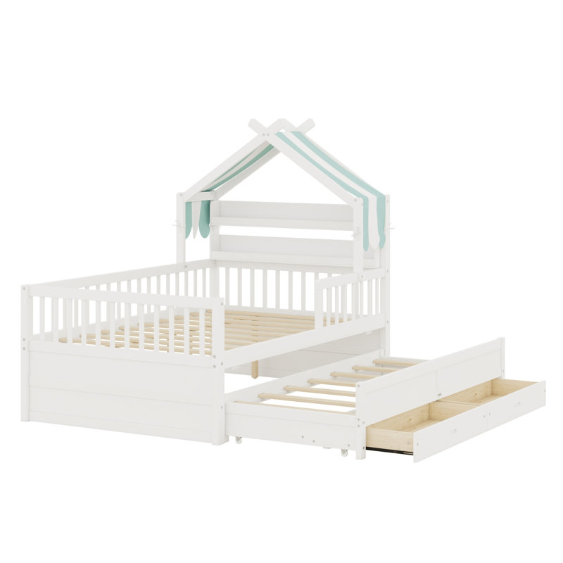 Lit Modern House avec couchette et éléments en tissu, Blanc, Lit double