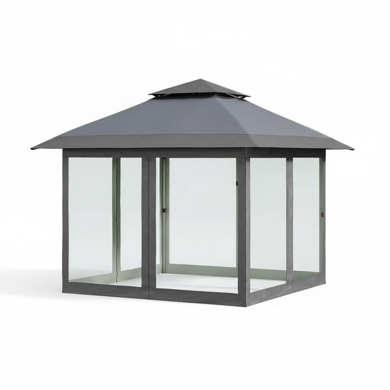 11x11ft Heavy Duty Portable Gazebo Canopy Tent with Curtains, 2-Tier Vented Roof & Mosquito Netting – Large Outdoor Patio Shade Shelter, Wheeled Bag– 9C Dark Gray + Light Gray, 3.0x3.0M