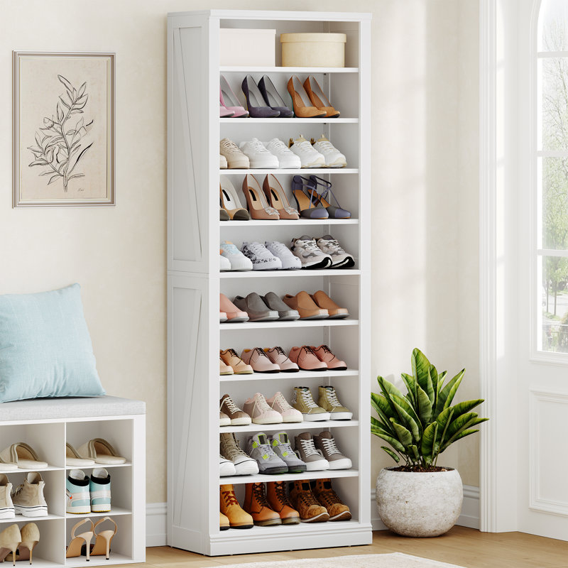 Shoe Storage Cabinet, 8 Tiers Shoe Rack Cabinet, Space Saving Shoes Cupboard with Adjustable Dividers for Any Shoes, Books, Wooden Rack Organizer for Entryway, Living Room, White 