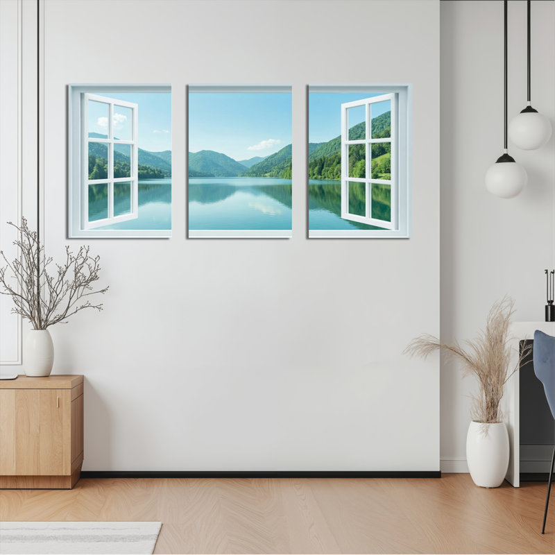 Ensemble de 3 tableaux sur toile encadrée avec vue sur le lac et la montagne, pour la décoration du salon et de la chambre.