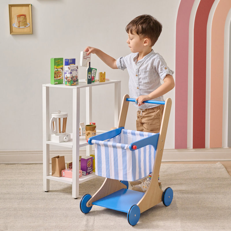 Teams Kids Pretend Play Panier d'épicerie en bois + 13 accessoires alimentaires et roulettes pour tout-petits de 3 ans et plus