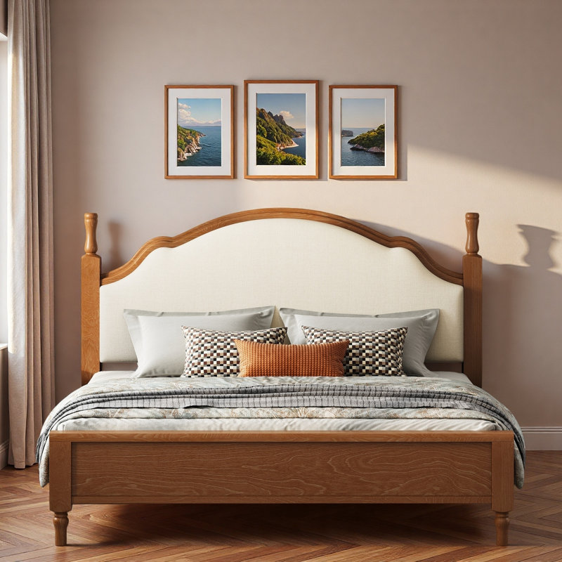 Lit plateforme en bois avec tête de lit tapissier et pieds robustes, Grand, Brun / beige