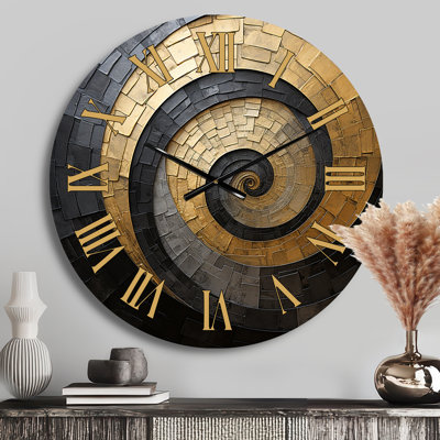 Gold Black Minimalism Spiral Poteries  - Abstract Spirals Golden Face Wall Clock