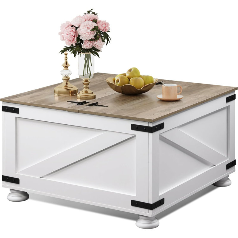 Table basse carrée avec couvercle rabattable et grand compartiment de rangement caché - blanc