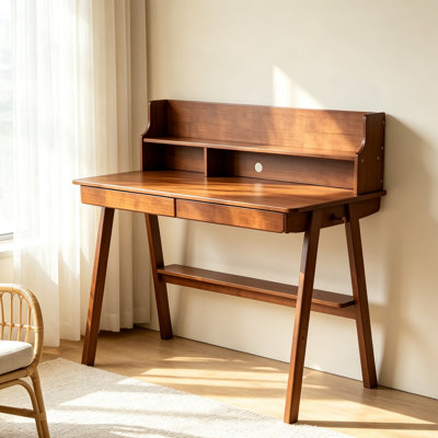 100% Solid Wood Writing Desk with Drawers, Mid-Century Modern Computer Desk with Storage Shelves, Home Office Table for Bedroom & Study