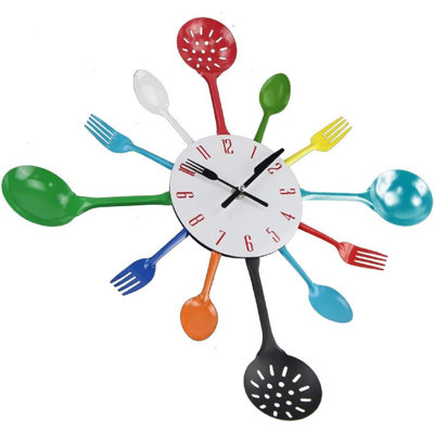 16 inch metal kitchen utensil spoon fork wall clock, creative modern home decoration, antique style wall mounted watch (color)
