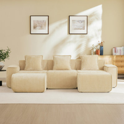 Canapé modulaire en U à 3 places avec passepoil à bordure française, sans assemblage requis, canapé 3 places avec coussins décoratifs et 2 repose-pieds mobiles, tissu de velours