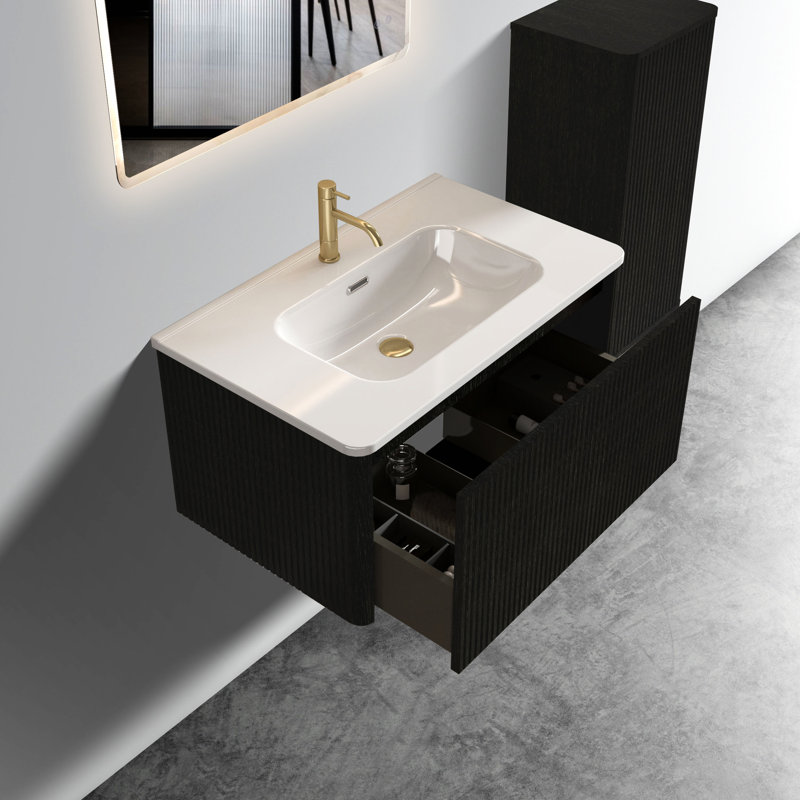 Meuble-lavabo contemporain: 30 po avec chêne noir, lavabo en céramique blanche, meuble-lavabo d'organisation pratique - lavabo rayé de conception moderne, caractéristique à considérer