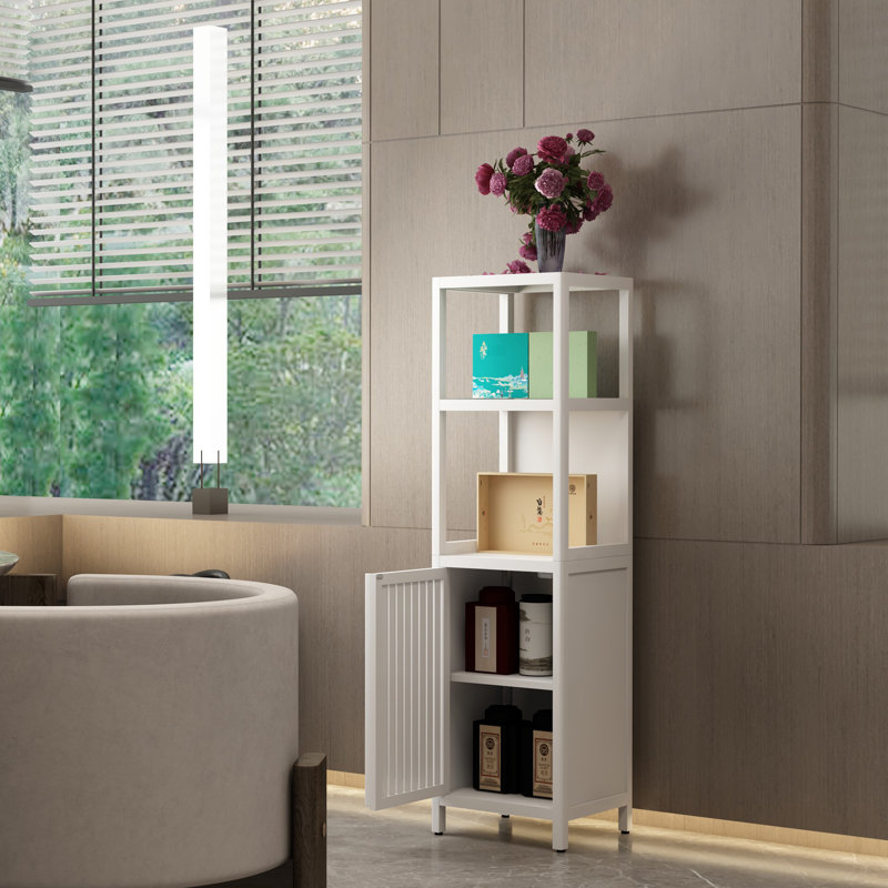 Armoire de rangement élégante en bambou avec rangement caché et tablettes ouvertes pour l'organisation de la salle de bain et du salon