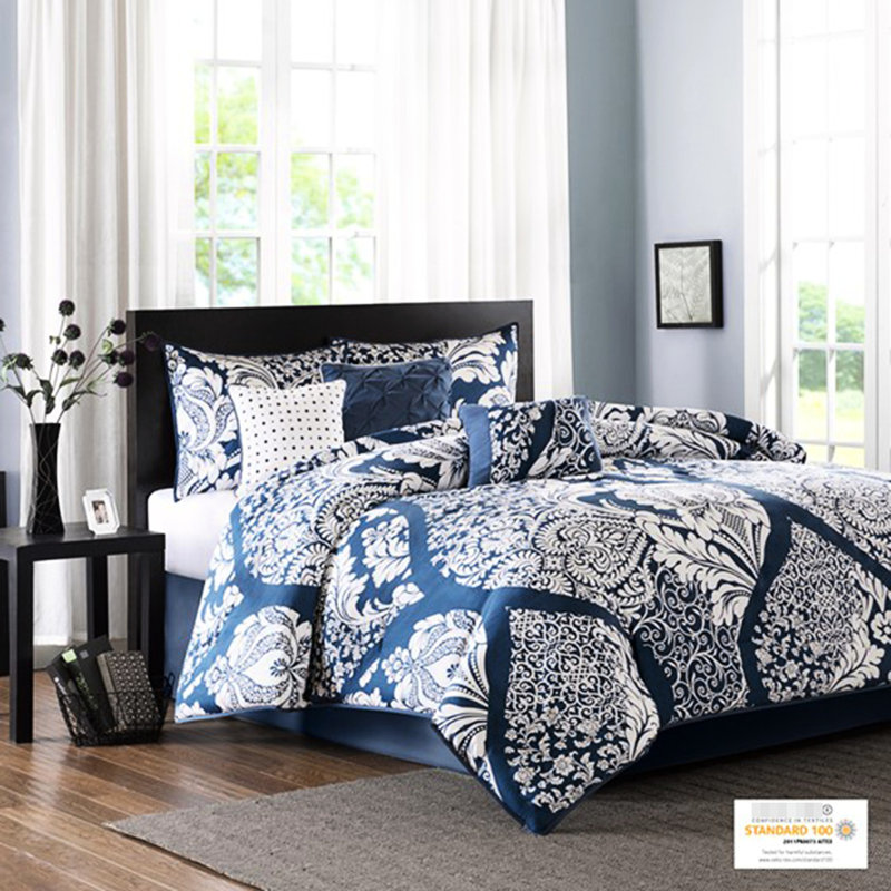 7 Piece Cotton Printed Comforter - Indigo King Size Intricate & Decorative Pillows With Backing Eye-catching, Indigo