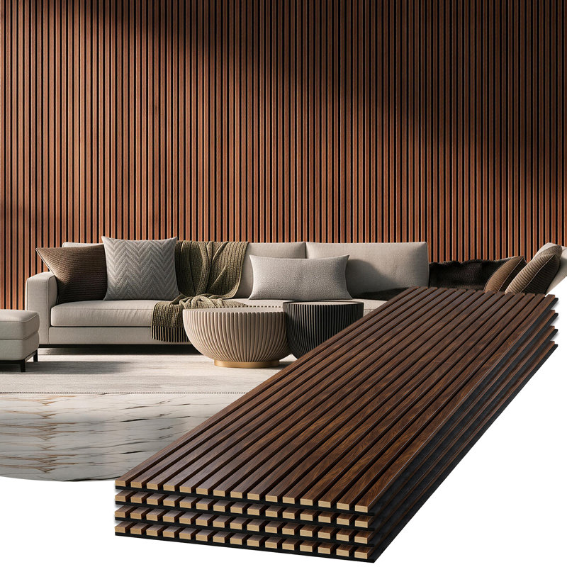 Ensemble de 4 panneaux muraux acoustiques/insonorisants 3D en lattes de bois, 240 cm x 60 cm, couleur noyer foncé