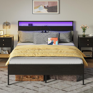 (incomplete)Deviana Metal Bed Frame with Headboard & Footboard and Charging Station, LED Light Included