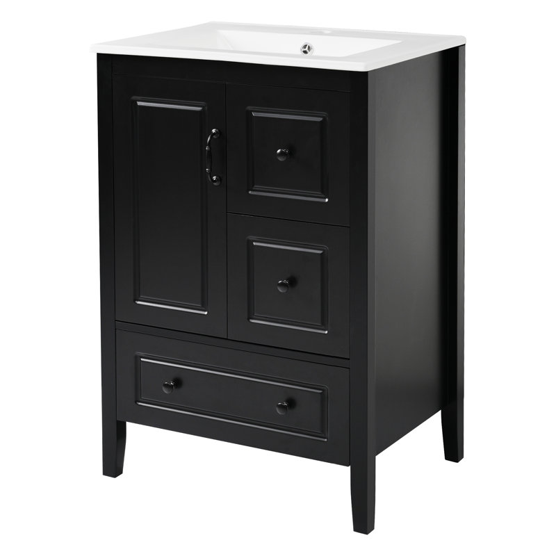 Meuble-lavabo simple 24 po avec lavabo en céramique, armoire de rangement avec 3 tiroirs à fermeture en douceur et 1 porte