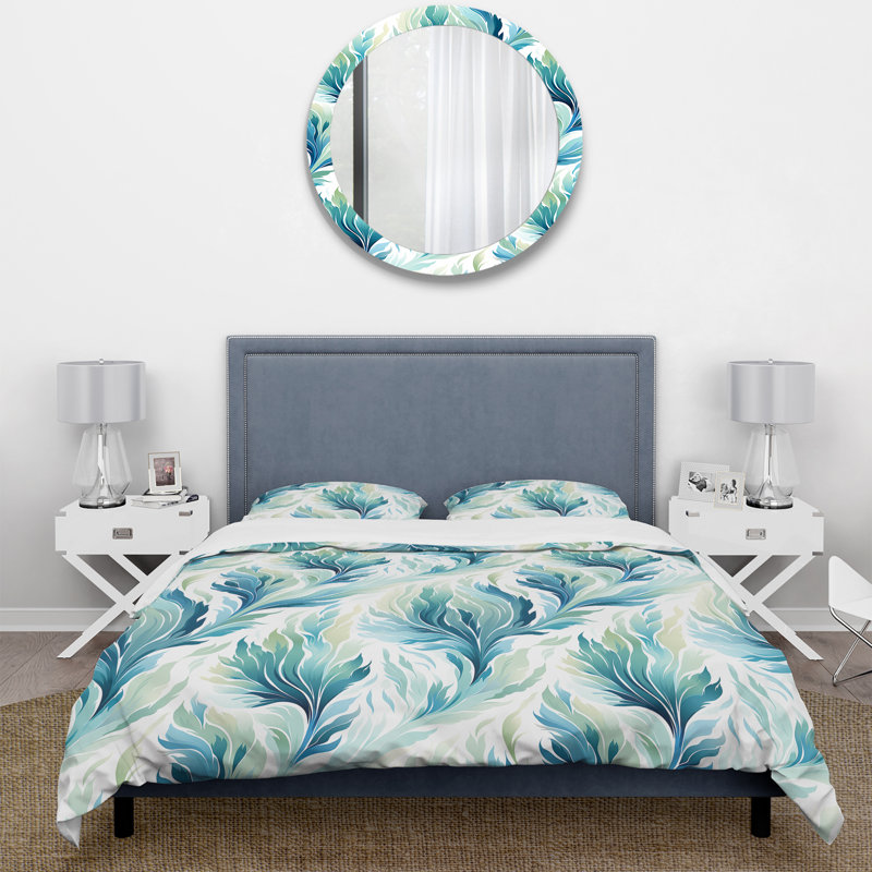 Design Art Blue And White Coastal Ikat Breeze III Box Stitch Floral Duvet Cover Set