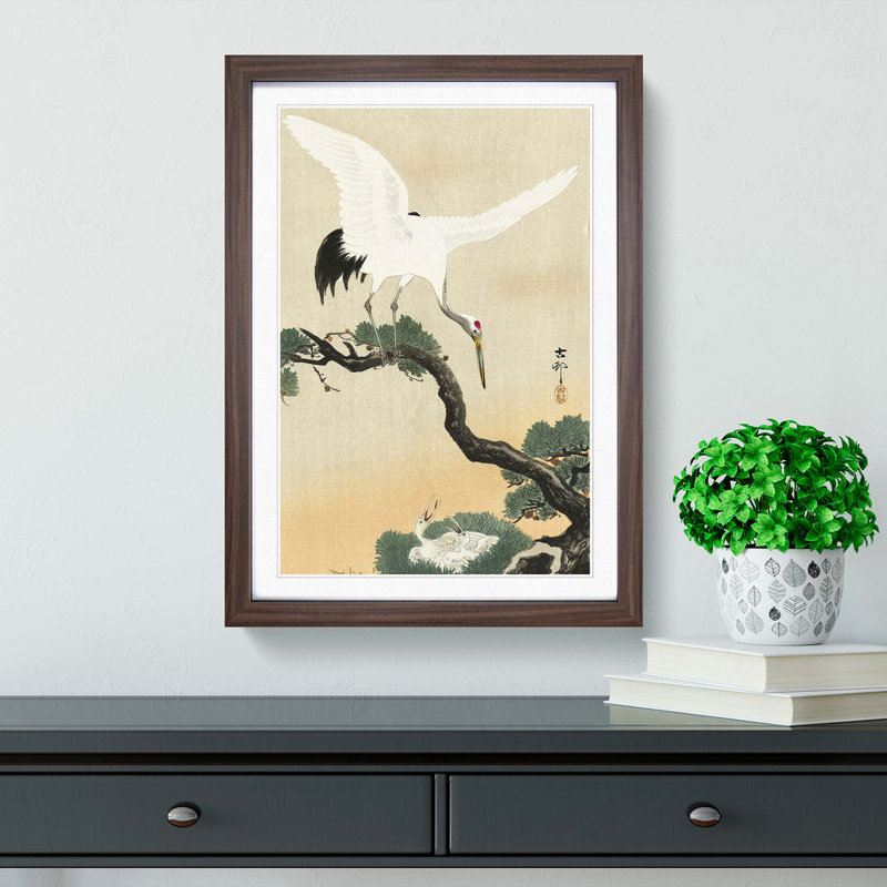Japanese Crane Birds by Ohara Koson - Picture Frame Art Print on MDF, 48cm H x 36cm W x 2cm D, Walnut Framed