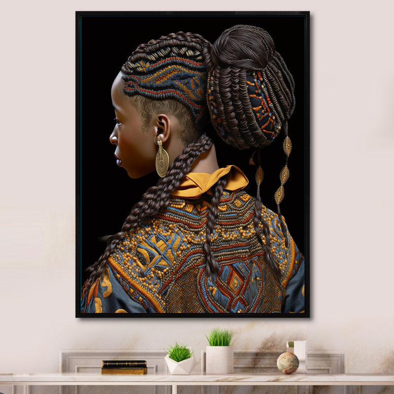 Femme afro-américaine, vêtements traditionnels I sur toile, H 20 po x l 12 po x P 1 po, Cadre flottant noir