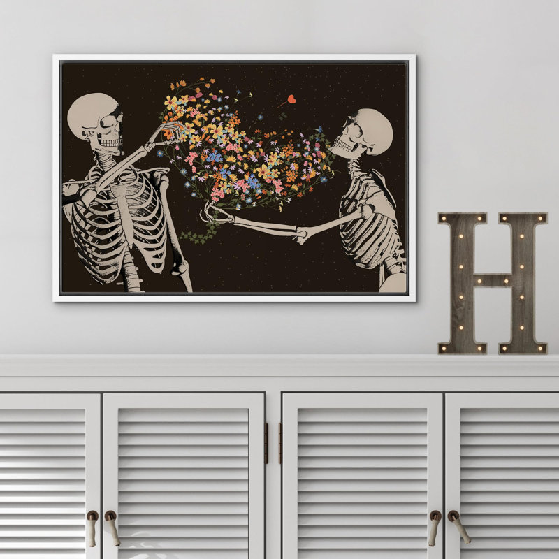 Floral, squelette, crâne, horreur moderne, gothique, maussade, illustrations sombres, œuvre d'art moderne, H 24 po x l 36 po
