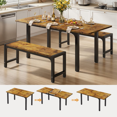 Ensemble de table de salle à manger extensible 63 po 3 pièces 63 "avec abattant Smart-Flip et 2 bancs, ensemble de tables de cuisine peu encombrantes pouvant accueillir 4 à 6 personnes pour un appartement ou une salle à manger