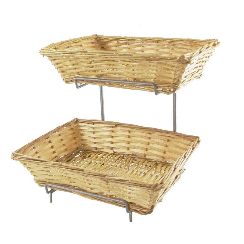 7.8 X 19 X 13" Two-tier Display Rack for Counters with 2 Wicker Baskets, Retail Displays