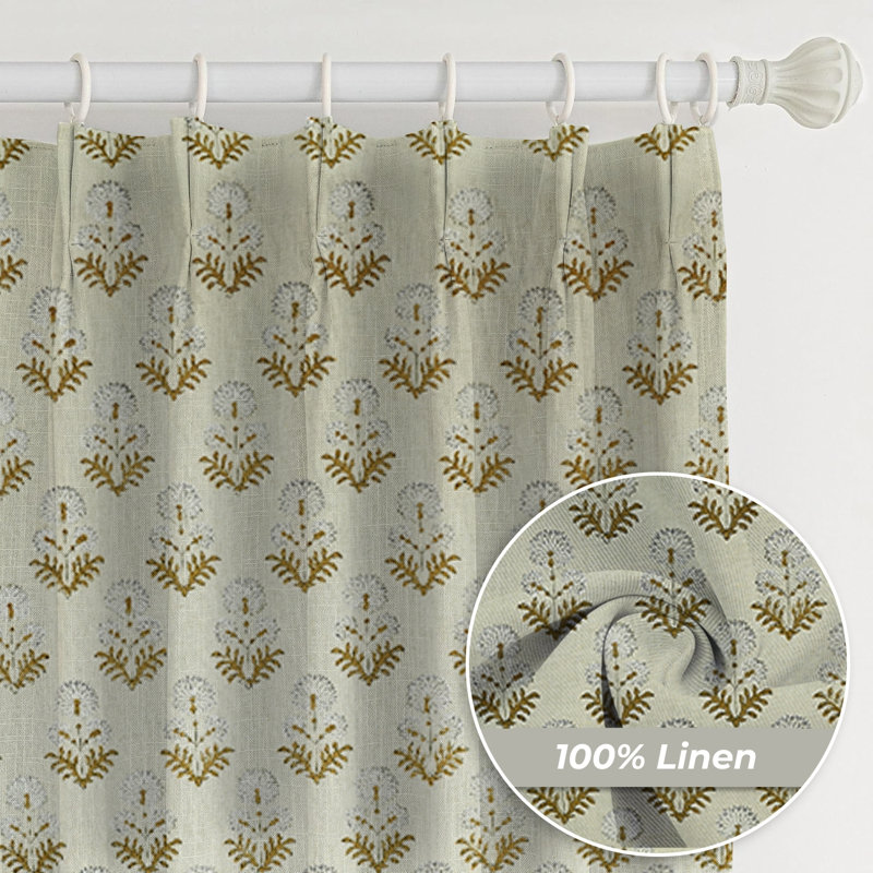 Fabdivine Patio, Farmhouse Home Décor Pinch Plated Curtains Summer, Spring with White and Green Window or Kitchen  Hook Drapes, Handmade Floral Block Print, Blackout, Rishi