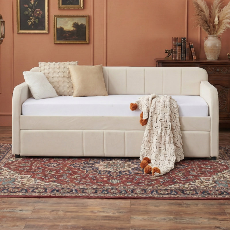 81.6" Twin Size Upholstered Daybed with Pull-Out Trundle - Velvet Sofa Bed Frame with Wood Slat Support - No Box Spring Needed