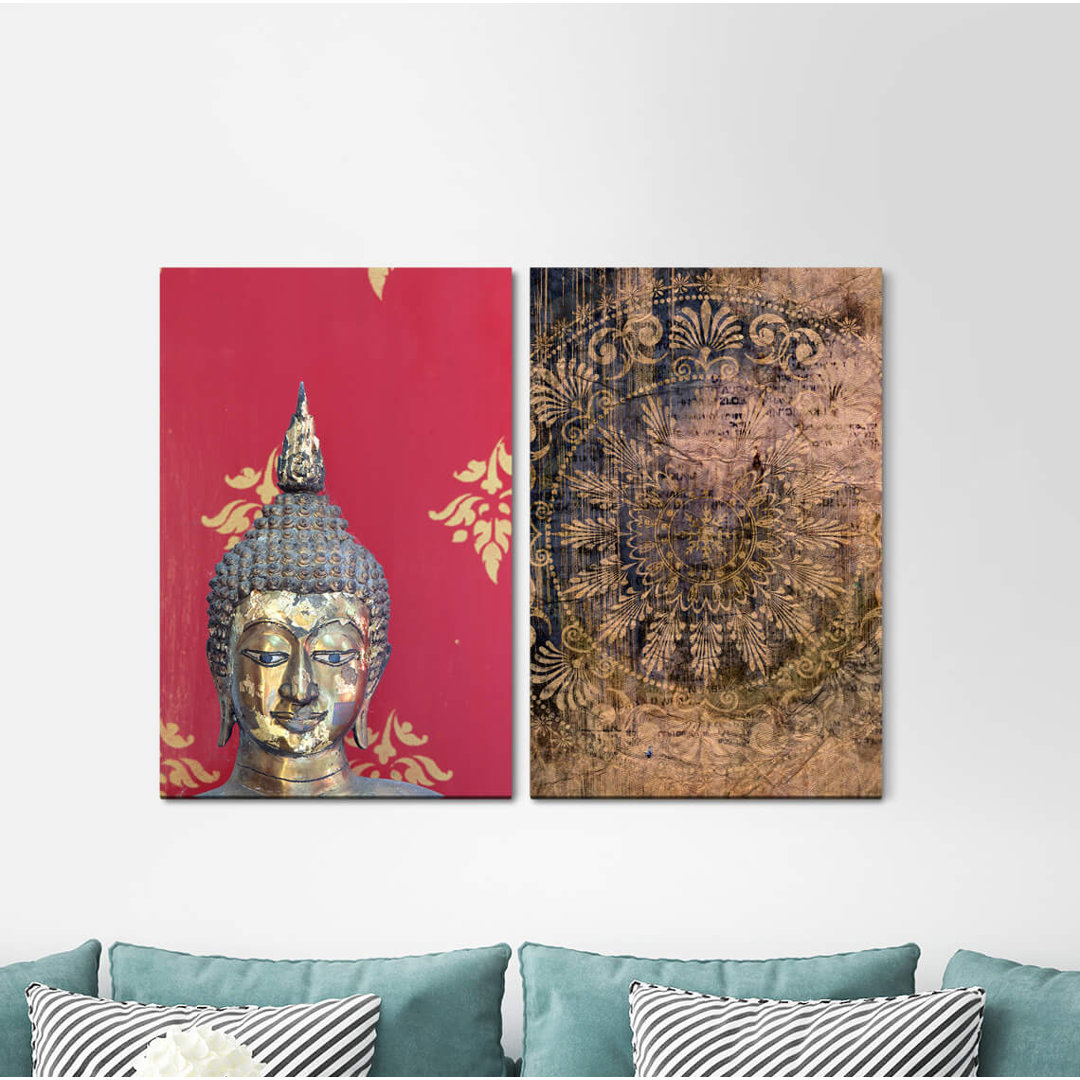 2-tlg. Leinwandbilder-Set Buddha-Kopf-Mantra-Mandala-Meditation Achtsamkeits-Yoga