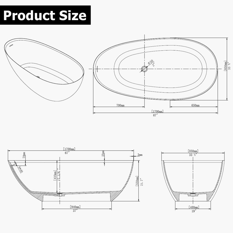 Baignoire de trempage à surface solide L 67 po x l 33,5 po