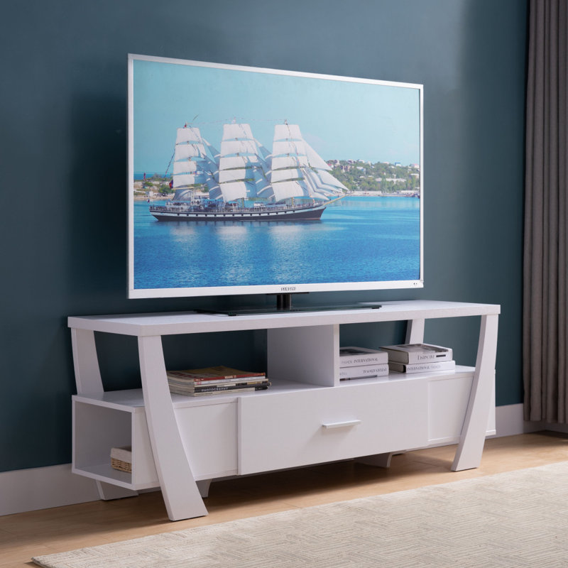 Meuble télé contemporain avec quatre tablettes et un tiroir