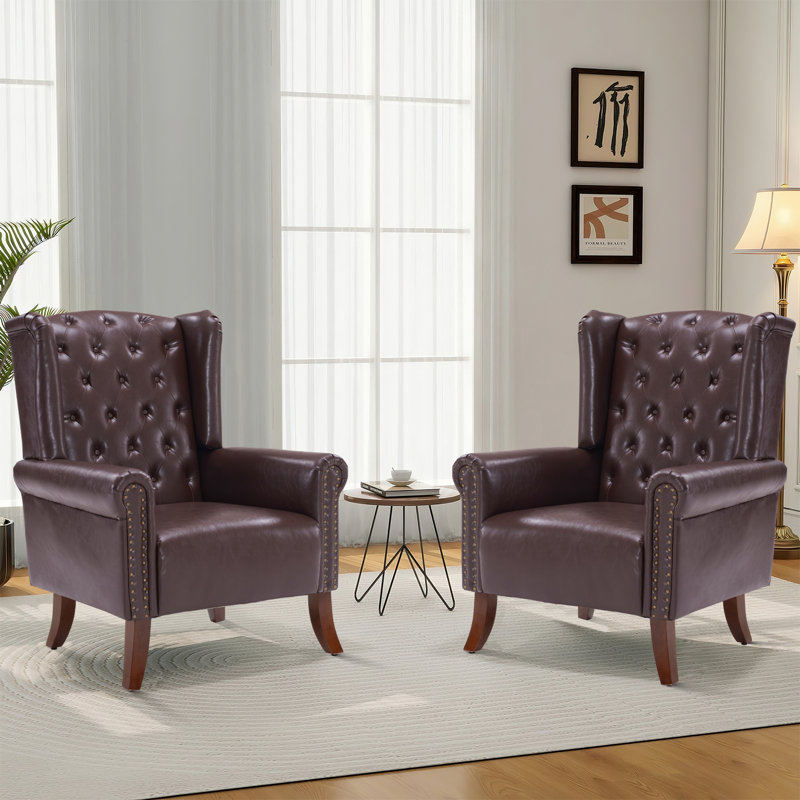 31.5" Wide Faux Leather Wingback Chair, Caramel Faux Leather