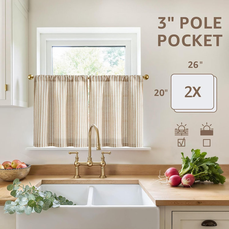 Rideaux de cuisine rayés en lin, 50 cm, beige, 2 panneaux. Rideaux de style café, tamisant la lumière, mélange de lin, passe-tringle, style champêtre.