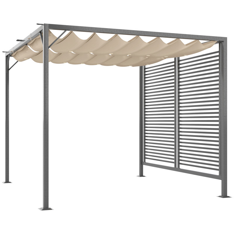3 X 2.8m Metal Pergola With Retractable Fabric Roof, 180gsm Pu-coated Polyester Canopy, 16 Ground Stakes, Drainage Grommet Holes, Outdoor Garden Shelter, Beige