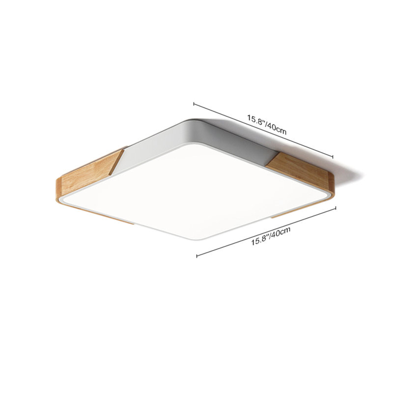 40cm LED Dimmable Flush Mount, Modern Square Ceiling Light with Wood Accent, White
