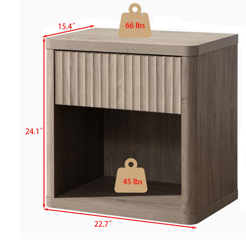 Fluted bedside table with drawer storage, Grey