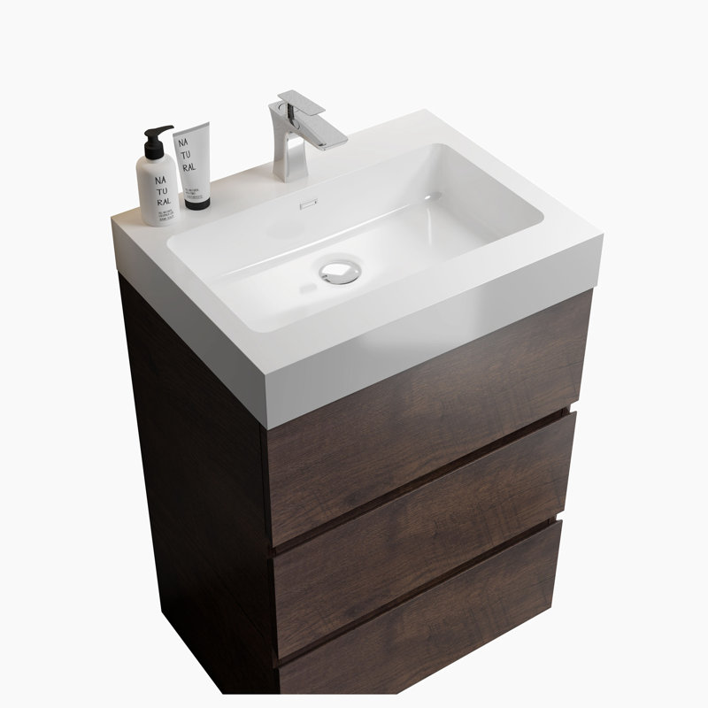 24'' Single Bathroom Vanity with Top, Walnut, White