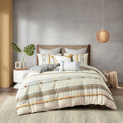 Housse de couette en coton rayée grise et jaune
