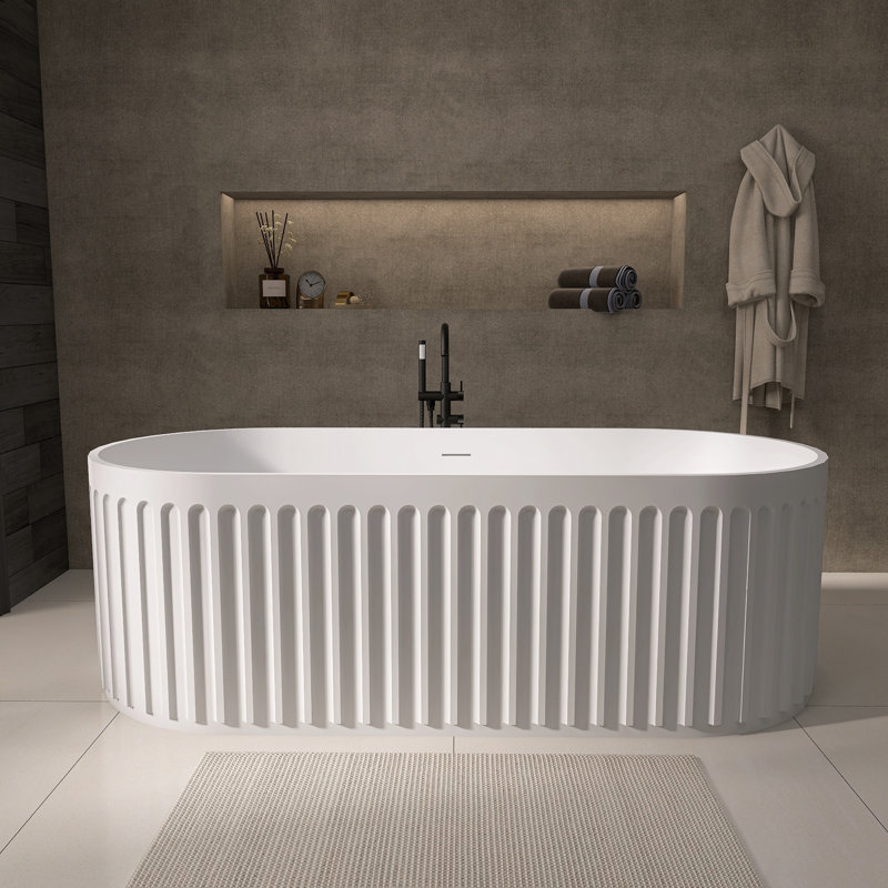 Baignoire de trempage autoportante 67 po x 29,5 po à surface solide blanc mat avec trop-plein et bonde escamotable