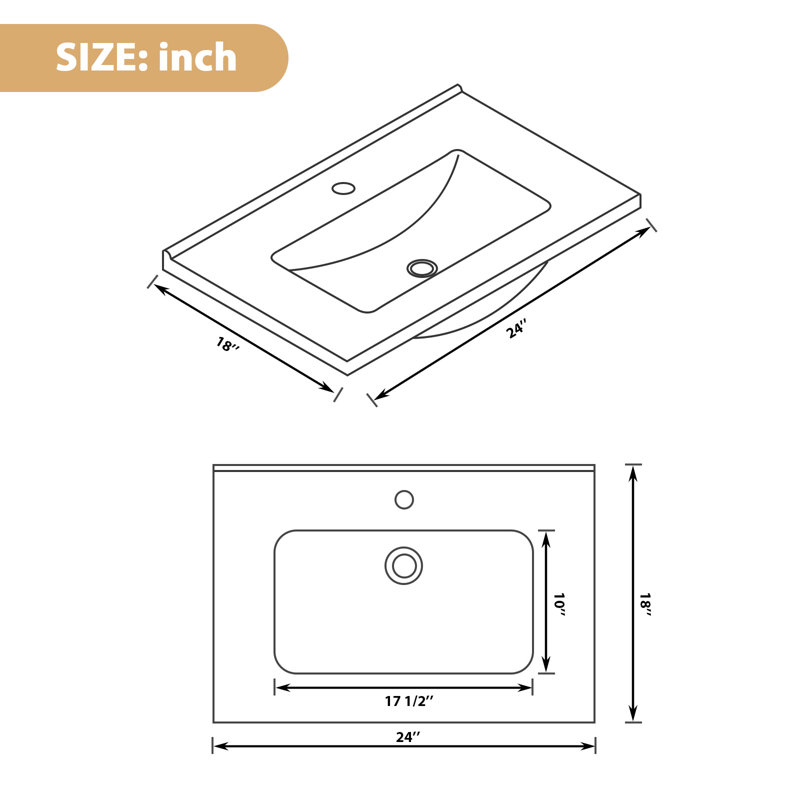 24x18" Vanity Top Bathroom Sink with Faucet Hole and Overflow(Top Only)
