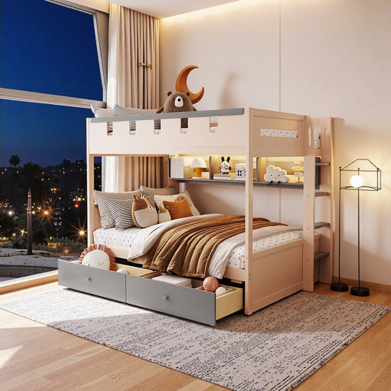 Lit mezzanine pour enfants Magical Castle avec éclairage à DEL intégré et tablettes, 2 tiroirs de rangement - Lit superposé amusant