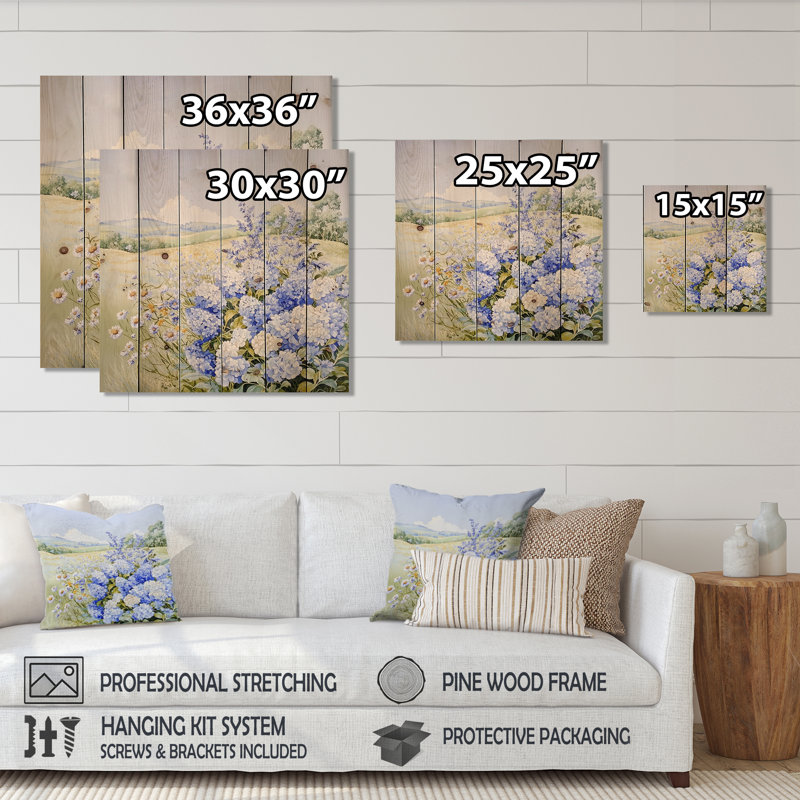Rolling Hills And Wildflowers I - Décoration murale paysage en bois sur bois de pin naturel, H 15 po x l 15 po