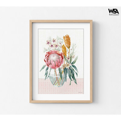 Sugarbushes fleur rose, affiche de bouquet de fleurs de la nature sud-africaine, Protea plante vase floral idée de décoration de fleurs sauvages
