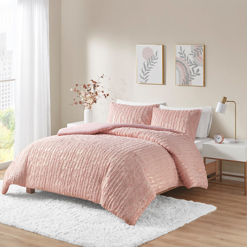 Literie Mariany, Housse de couette double / grand + 2 taies décora, Rosé / doré