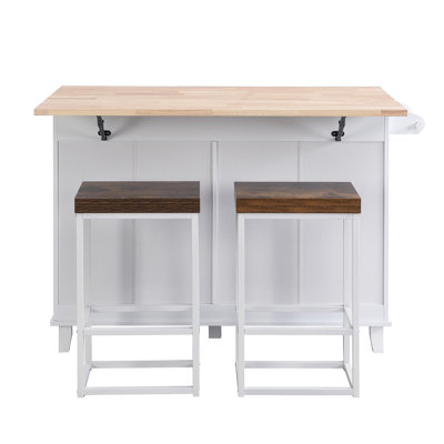 Farmhouse Kitchen Island Set With Drop Leaf And 2 Seatings,Dining Table Set With Storage Cabinet, Drawers And Towel Rack