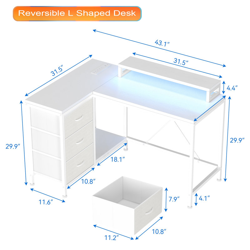 Shieh L-Shaped Computer Desk with Power Outlet, White