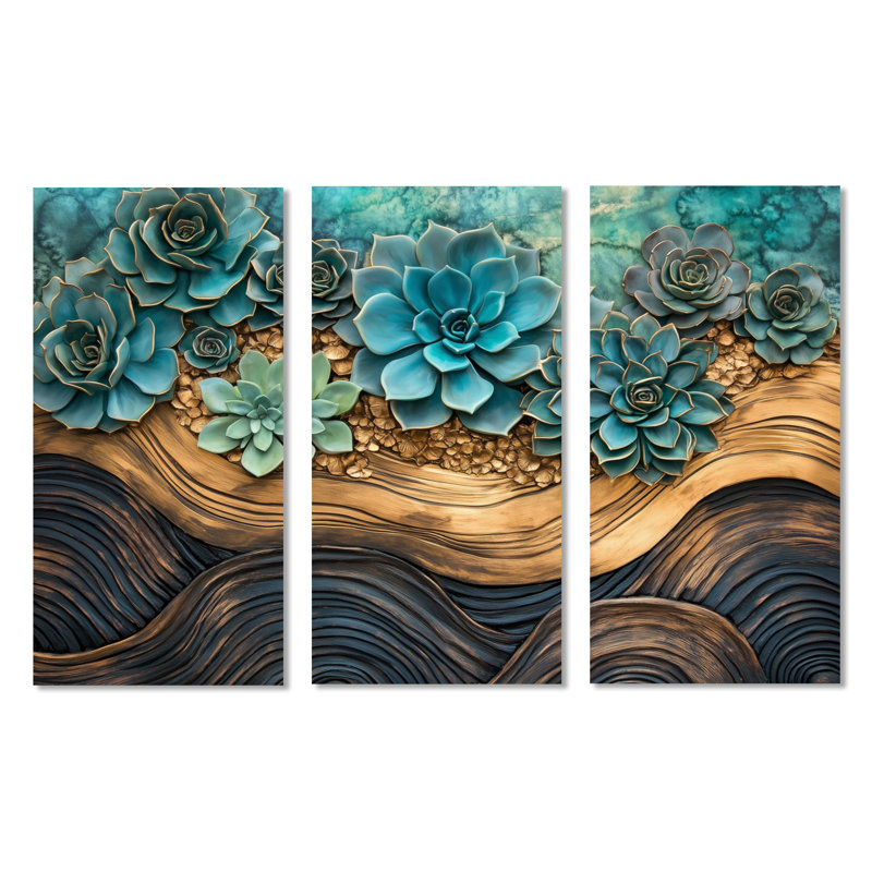 Crête de rosette dorée - Impression sur toile en 3 parties représentant des plantes succulentes, H 40 po x l 60 po